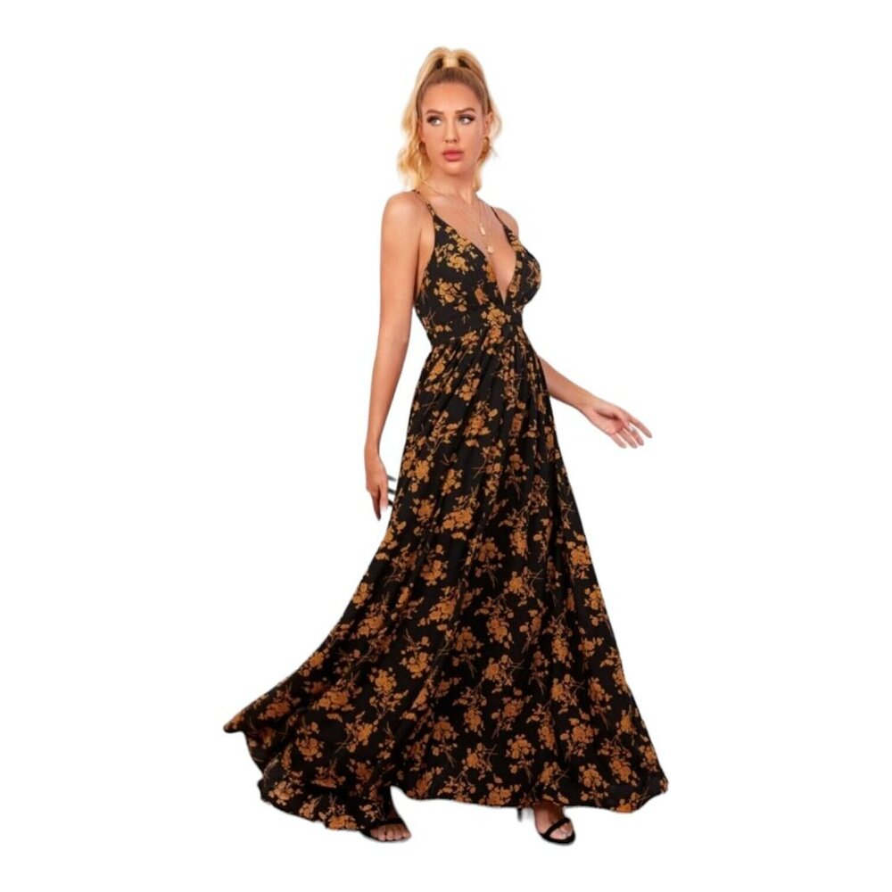 Maxi Dress Medium Floral Boho Plunging Neck Crisscross Backless